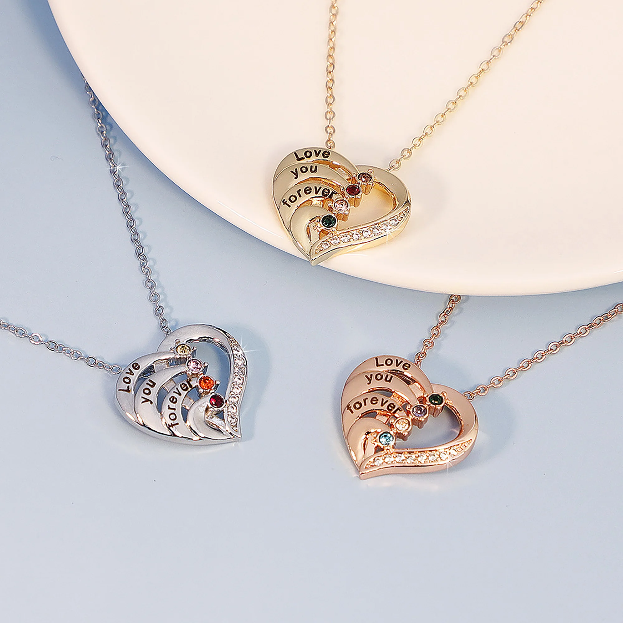 

Personalized 4 Birthstone Necklace For Women Engraved 4 Names Custom Heart Shape Pendant Chain Anniversary Jewelry For Female