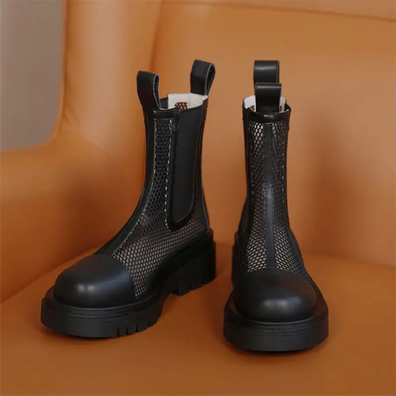

Meotina Chelsea Boots Women Shoes Genuine Leather Platform Cut Out Ankle Boots Round Toe Thick High Heel Ladies Boots Autumn 43