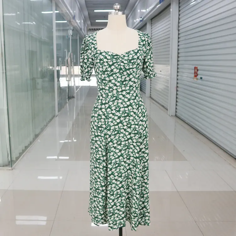 

2021 Summer New Women Dress French Retro Style European and American Short Sleeve Square Neck Ladies Dress