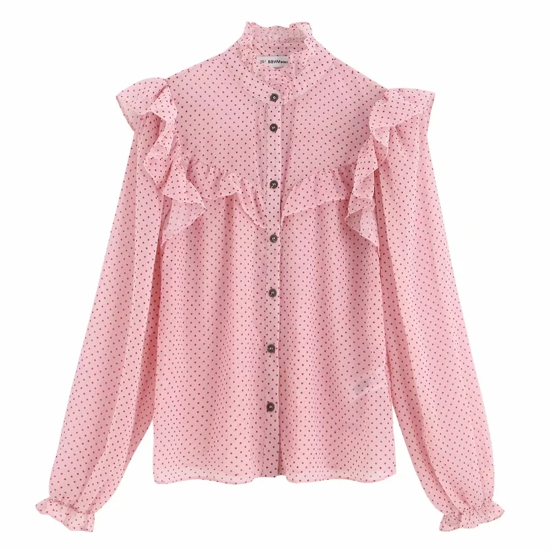 2019 Женская милая Повседневная Блузка в горошек с каскадными оборками рубашки