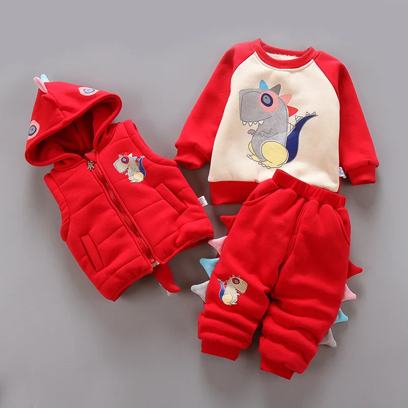 red dinasous Лидер продаж года, комплект зимней одежды из 3 предметов для маленьких детей, утепленная одежда на Хлопчатобумажной Подкладке для новорожденных мальчиков и девочек, От 0 до 3 лет жилет с капюшоном, пальто, топы, штаны - Цвет: red dinasous