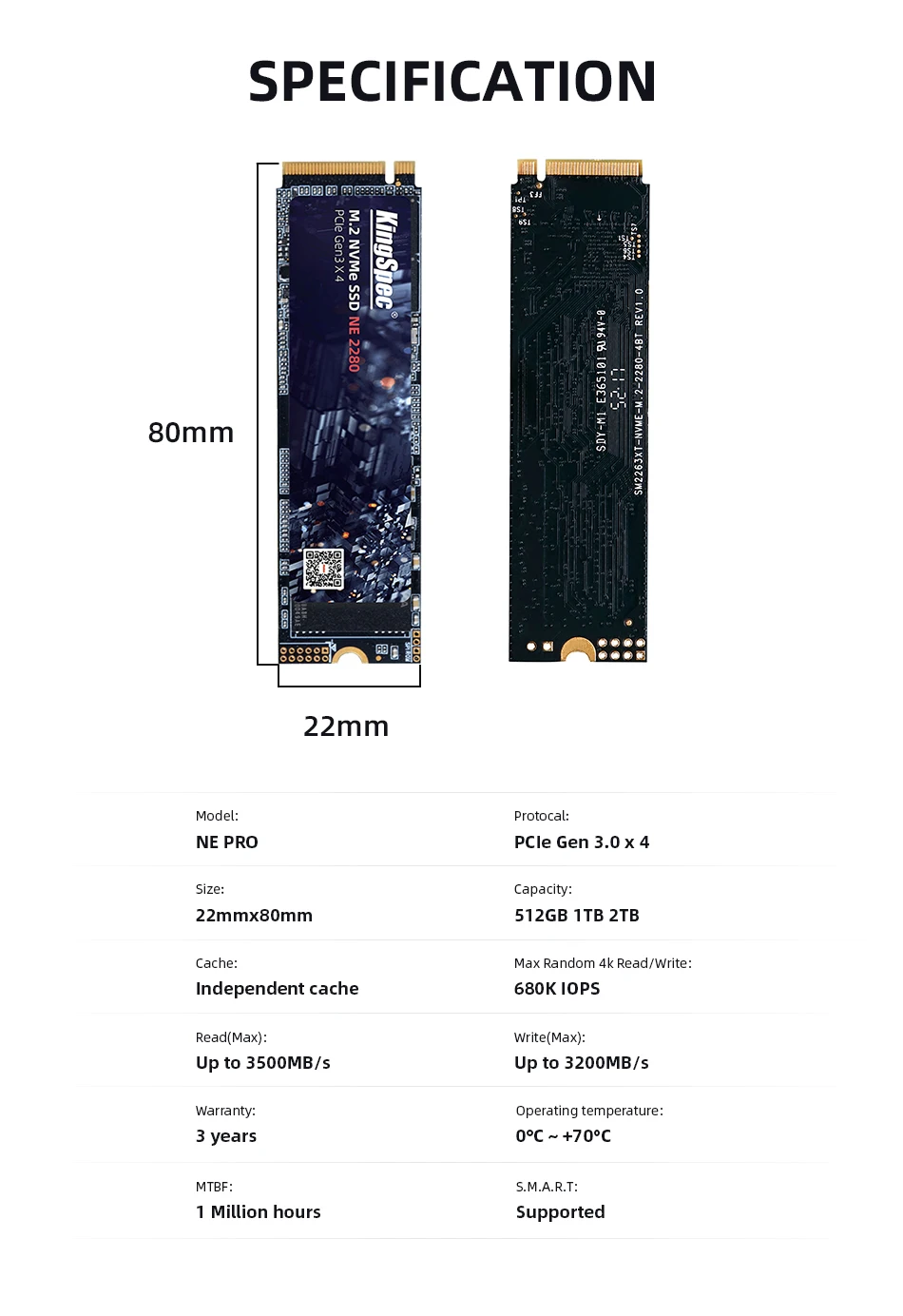 Kingspec 512GB M.2 SSD with Dram M2 PCIe NVME 1TB 2TB Solid State Drive 2280 Internal Hard Disk for Laptop with Cache High Speed