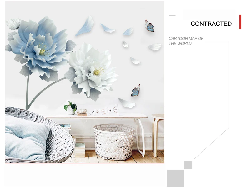 Large White Blue Flowers Lotus Butterfly Removable Wall Stickers 3D Wall Art Decals Mural Art for Living Room Bedroom Decor