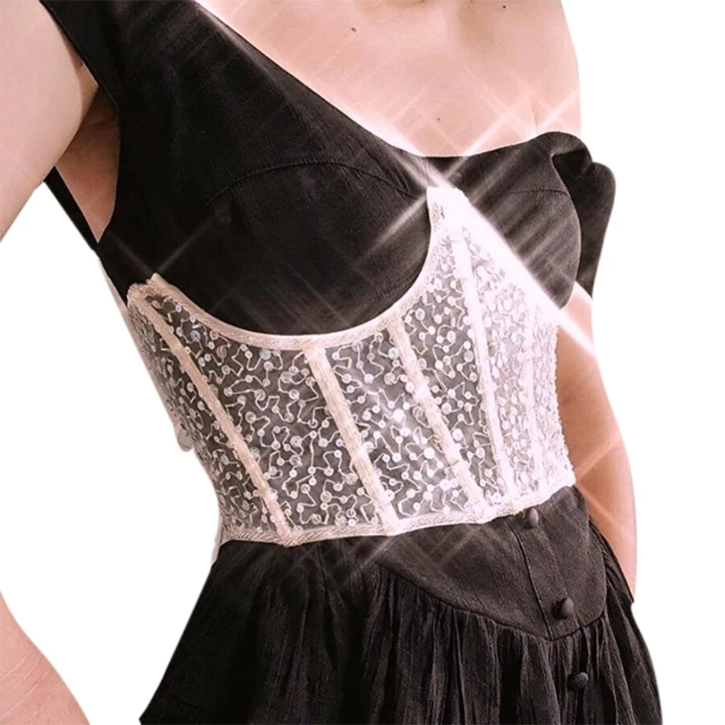

Women Sheer Lace Mesh Corset Underbust Bustiers Sequins Wide Waist Belt Cincher