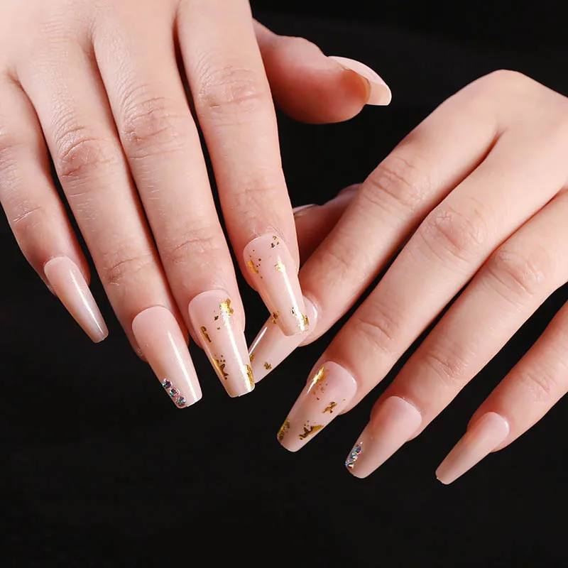 

24pcs Skin Color Foil Gold Ballet Fake Nails Trapezoid Colorful Diamond Long Style Wearable Ornaments Manicure CIN6 899