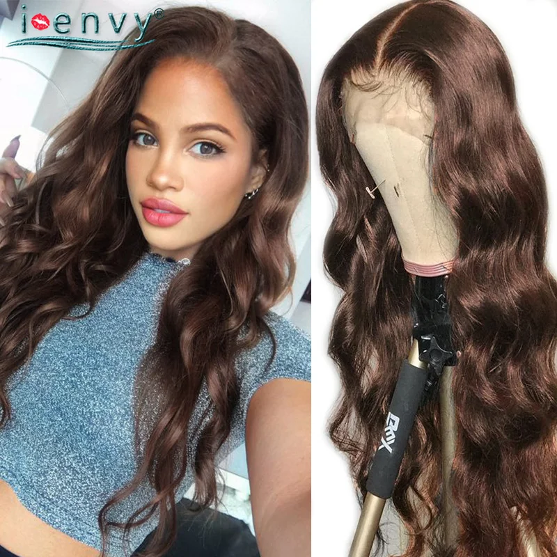 Transparent Lace Dark Brown Human Hair Wigs Body Wave Chocolate Brown Colored Wigs Remy Hair Brazilian Lace Part Wigs For Women