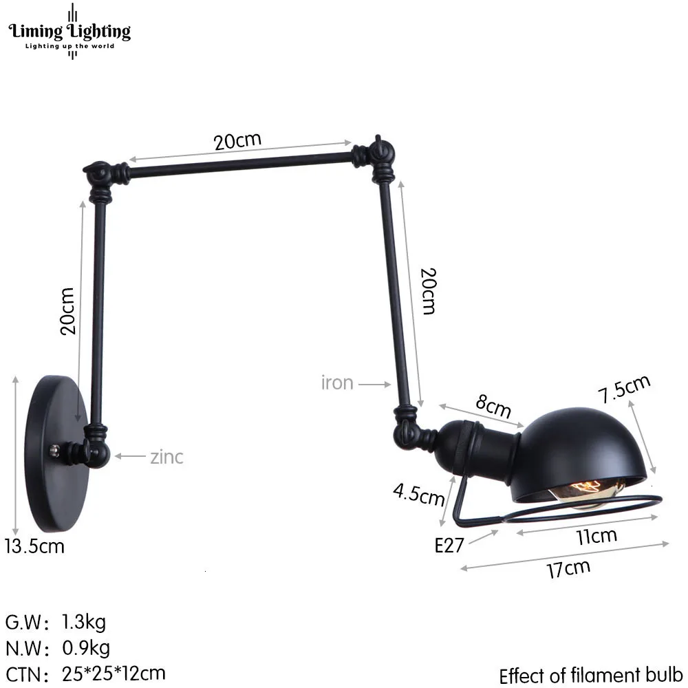 Ретро светодиодный скандинавский Лофт Промышленный регулируемый длинный поворотный кронштейн настенный светильник винтажная лампа Эдисона Wandlamp огни Lampen бра
