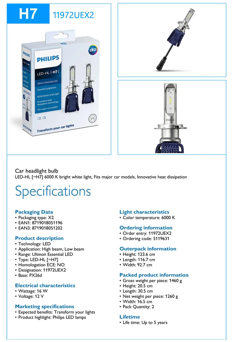 Philips Ultinon Эфирное светодиодный H4 H7 9003 светодиодный автомобиль Hi/короче спереди и длиннее сзади) луч 6000 К яркий белый светильник Авто головного средства ухода за кожей Шеи светильник H8 H11 H16 9005 9006 HB3 HB4