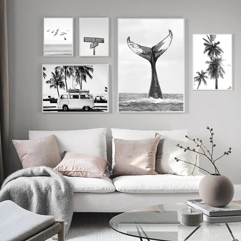 Черно белый плакат для серфинга морской птицы природный ландшафт картина