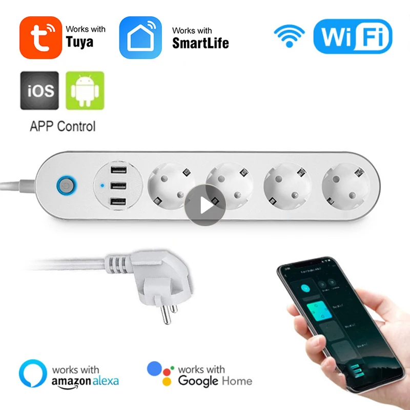 

Tuya Smart Wifi Power Strip 4 EU Outlets 3 USB Port Timing Remote Voice Control Sockets Extension Cable With Alexa Google Home
