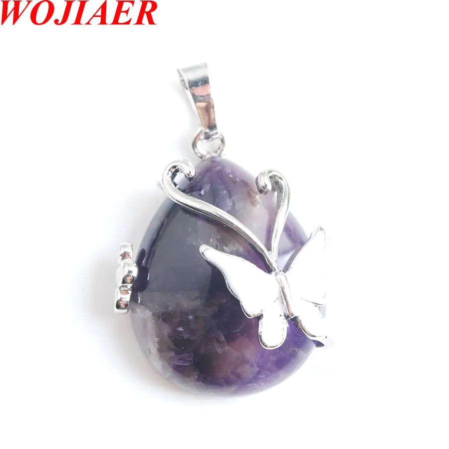 

WOJIAER Natural Amethysts Stone Water Drop Butterfly Necklace Pendants Spiritual Reiki for Women Charm Jewelry 1pcs PN8098
