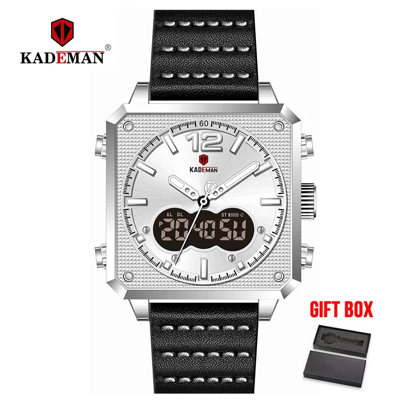 silver white KADEMAN мужские часы спортивные квадратные светодиодный стробоскоп для автомобильной часы водонепроницаемые наружные военные мужские цифровые кожаные Наручные часы Relogio - Цвет: silver white