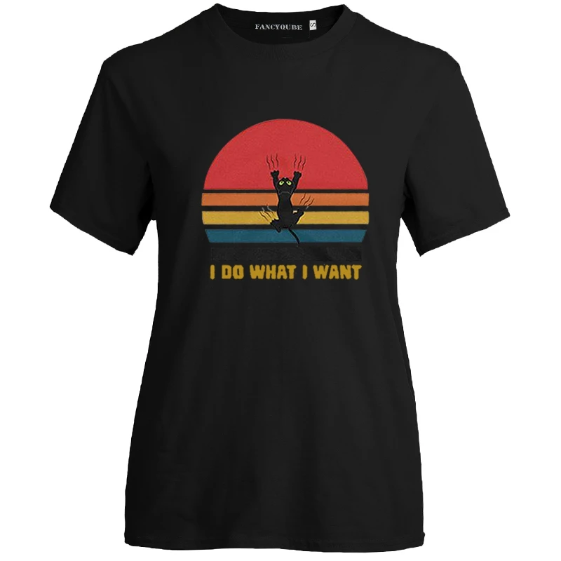 Милая кошка I Do What I Want винтажная женская футболка женская мужская футболка с длинными рукавами топы с круглым вырезом и коротким рукавом - Цвет: W21259BK