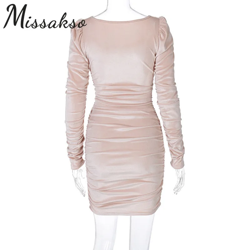 

Missakso Bodycon Ruched Dress Women 2021 Sexy Spring Autumn Solid Square Neck Long Sleeve Fashion Ladies Mini Dresses Party Club
