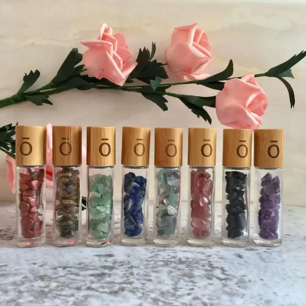 OEM logo 10ml Glass Crystal Stone Essential Oils Massage Roller Bottles Empty  gemstone  Roll On Perfume bottle with bamboo cap