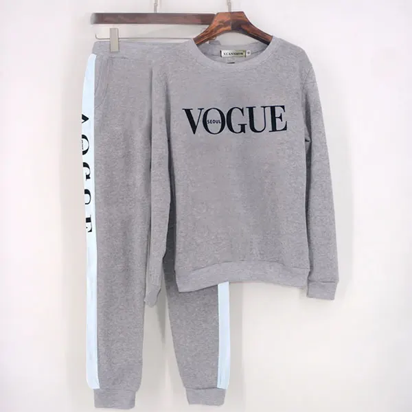 2 piece outfits for women sweatsuits set VOGUE Letter Printed 0-Neck Sweatshirt + Patchwork Long Pant Piece Set | Женская одежда