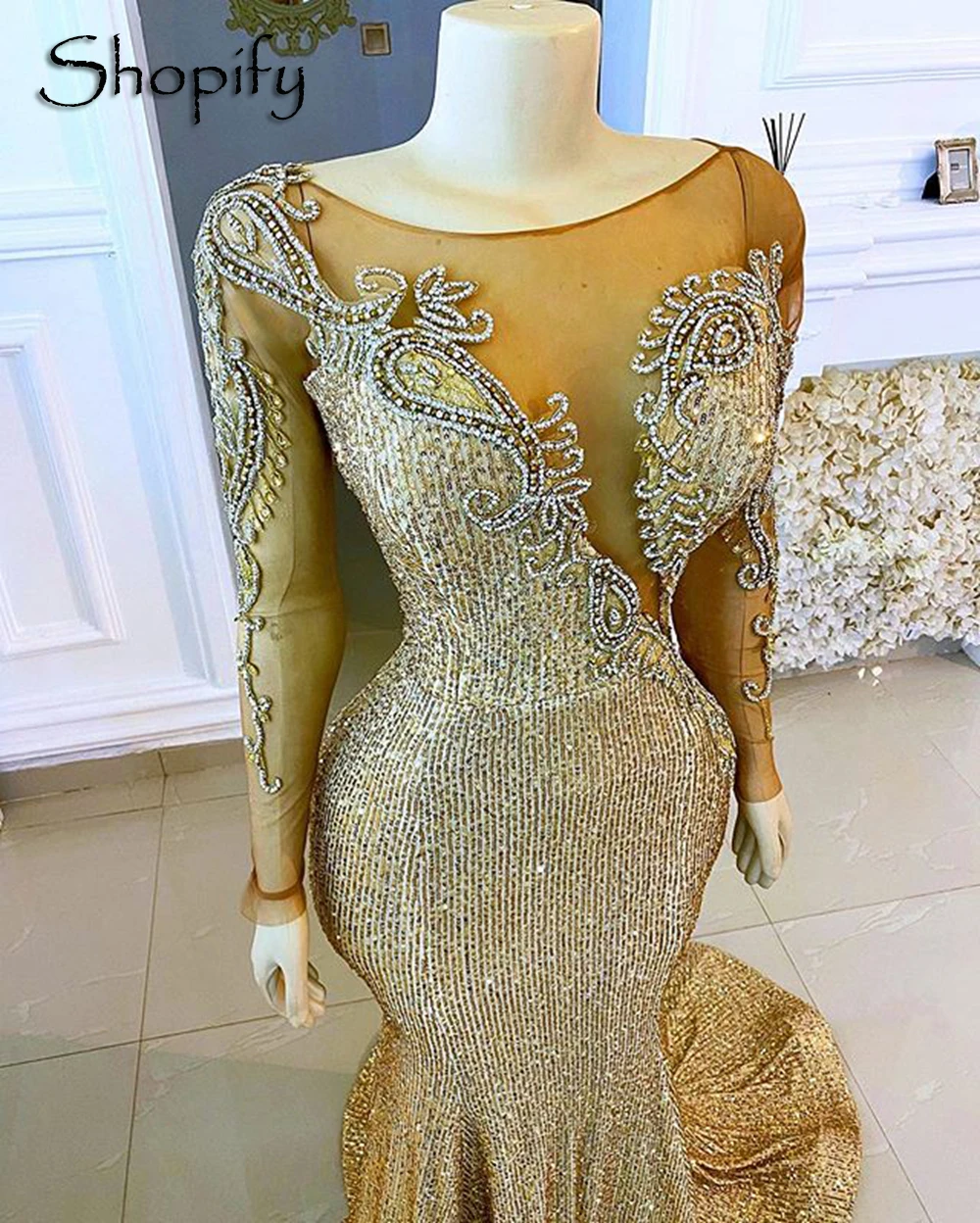 

Luxury Long Evening Dresses 2021 Mermaid Long Sleeve Beaded African Women Gold Sequin Formal Evening Gowns