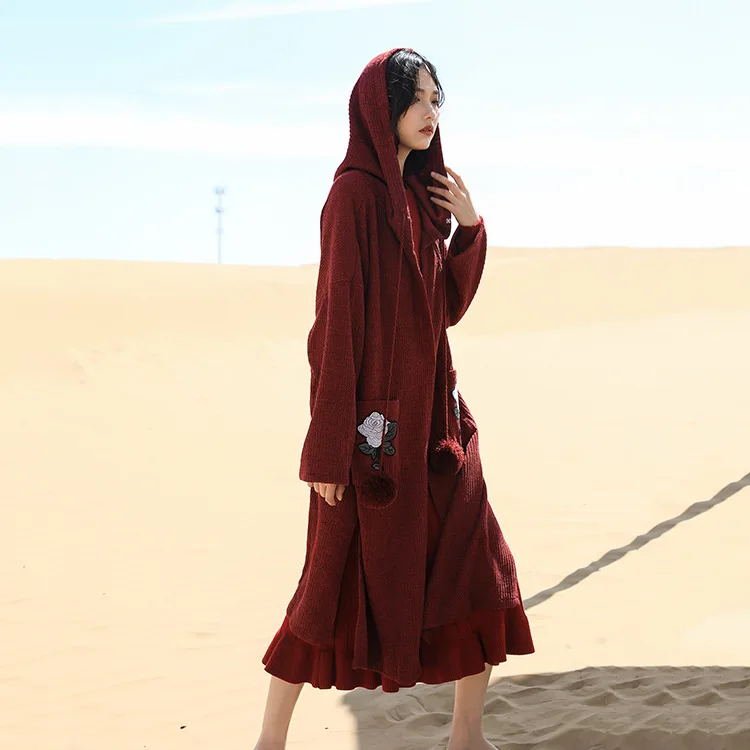 Богемный вдохновленный цвет красного вина длинные женские шерстяные кофты с