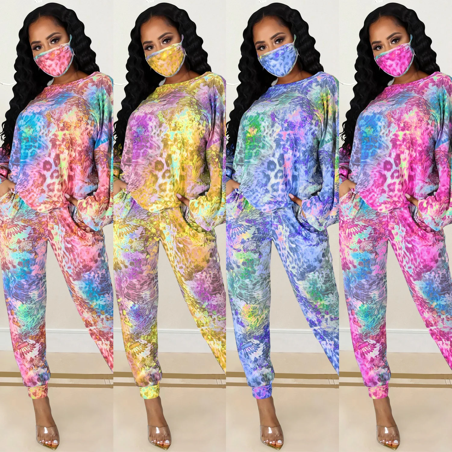 

2021 Autumn Women's New Fashion Painted Round Neck Long Sleeve Trousers Casual Two-Piece Set Sportswear