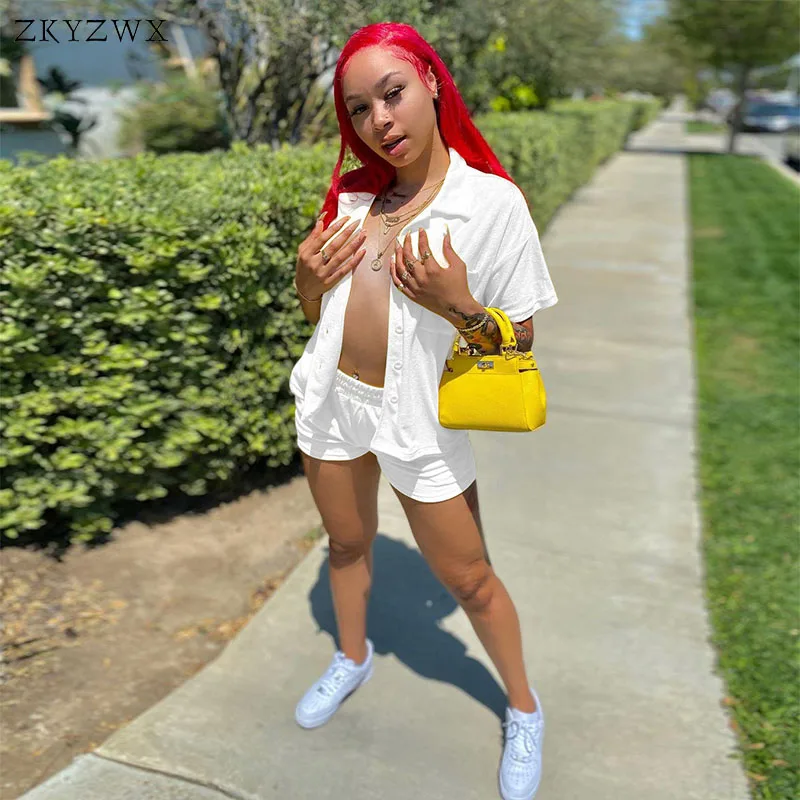 

ZKYZWX Trendy Two Piece Set Button Shirt Top and Shorts for Women Summer Outfits Office Lady Clothing Loungewear Matching Sets