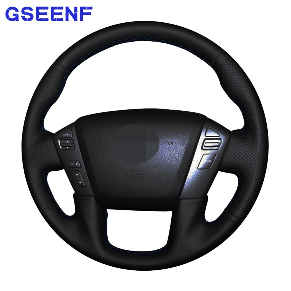 

Car Steering Wheel Cover For Infiniti QX56 2011-2013 QX80 2014-2019 Nissan Patrol Black Hand-stitched Soft Genuine Leather