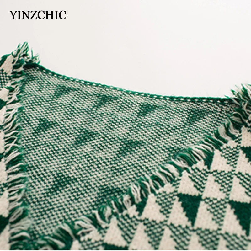 Новый женский осенний вязаный костюм клетчатый жилет Tessels + платье-карандаш