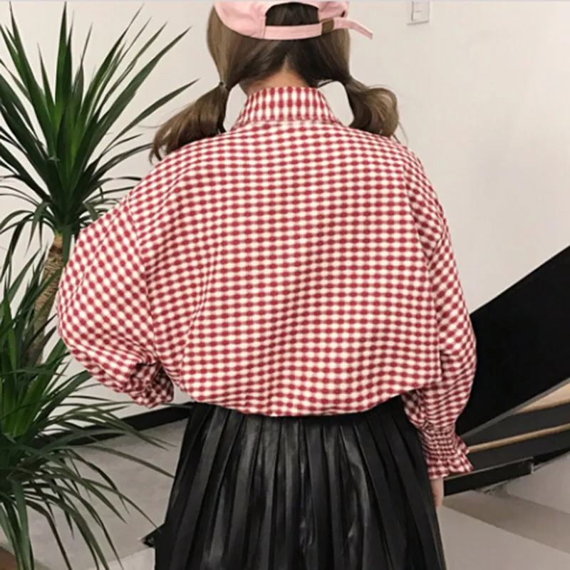 

Autumn Spring Vintage Shirts Women Plaid Slim Stand collar Women Casual Loose Shirts Rk