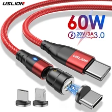 USLION-Cable magnético de carga rápida 4,0, Cable USB C a tipo C, PD, carga rápida para Huawei P40, Cable cargador de datos para MacBook