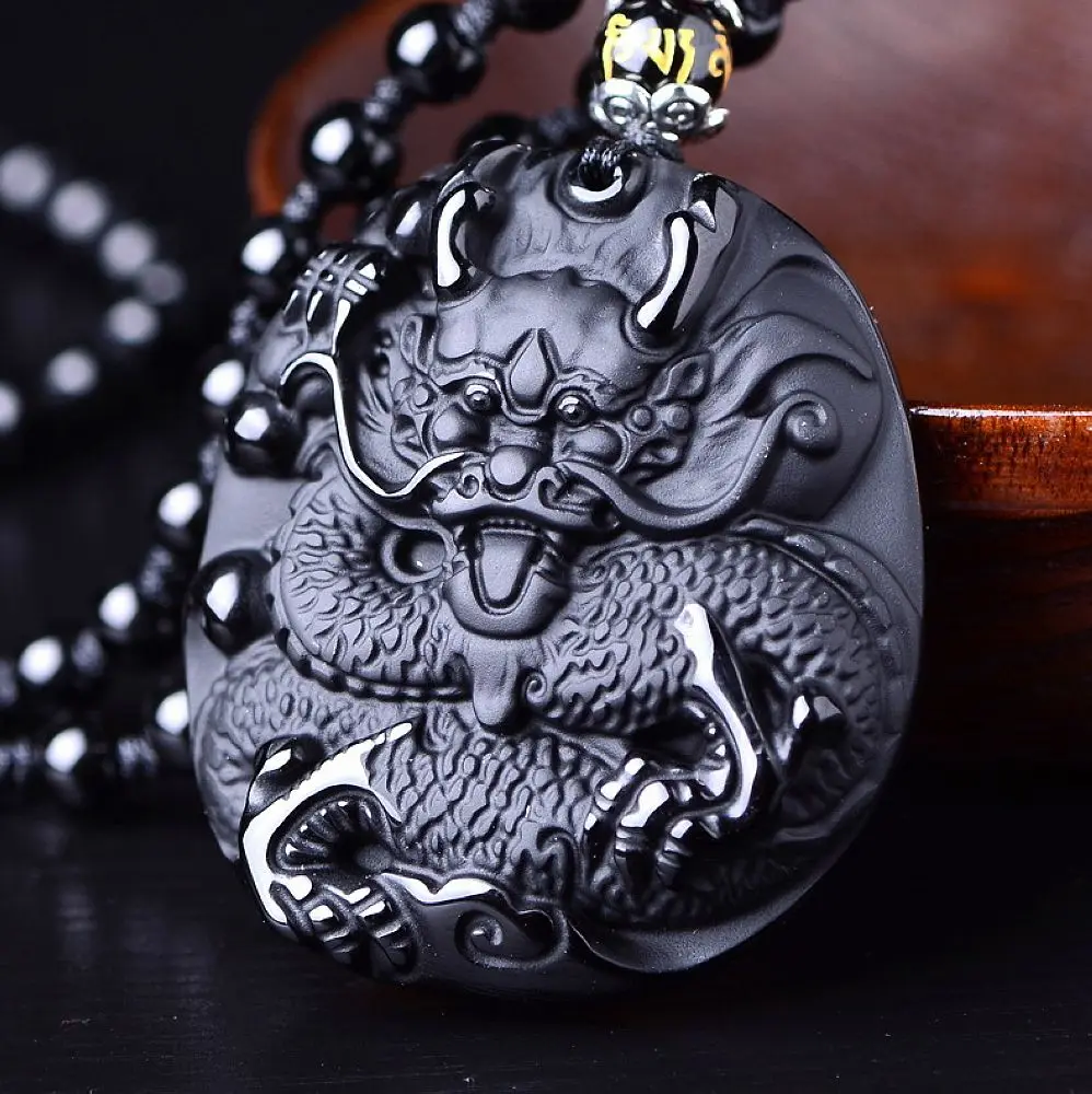 

Natural black Obsidian dragon Necklace Amulet pendant Bead with adjustable bead Chain for Wen or Women