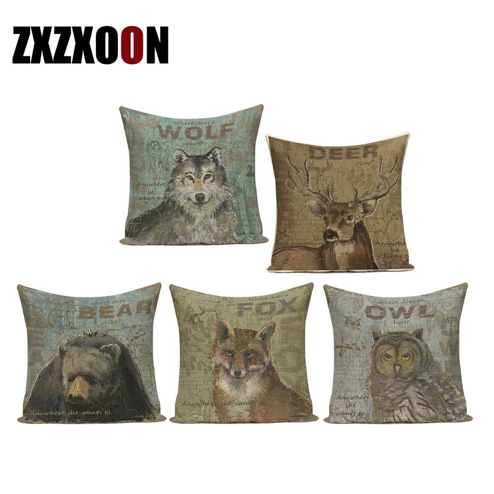 Винтаж Стиль Животные Совы оленя лисы медведя из диванные подушки Чехол для