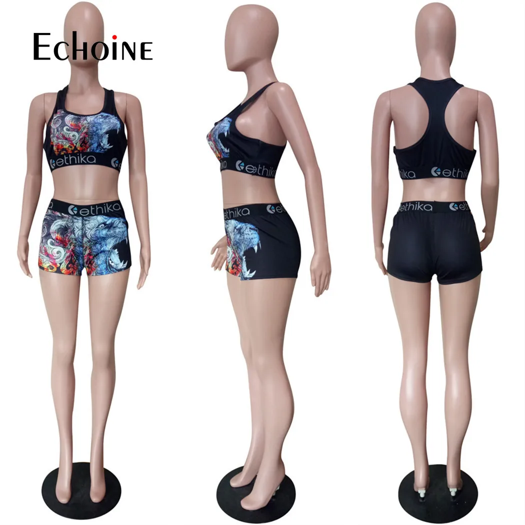 

Echoine Women summer Sexy club Printed Two Piece Set Crop Top Biker Shorts Suit Bodycon Tracksuit Set Fitness Clothing Outfits