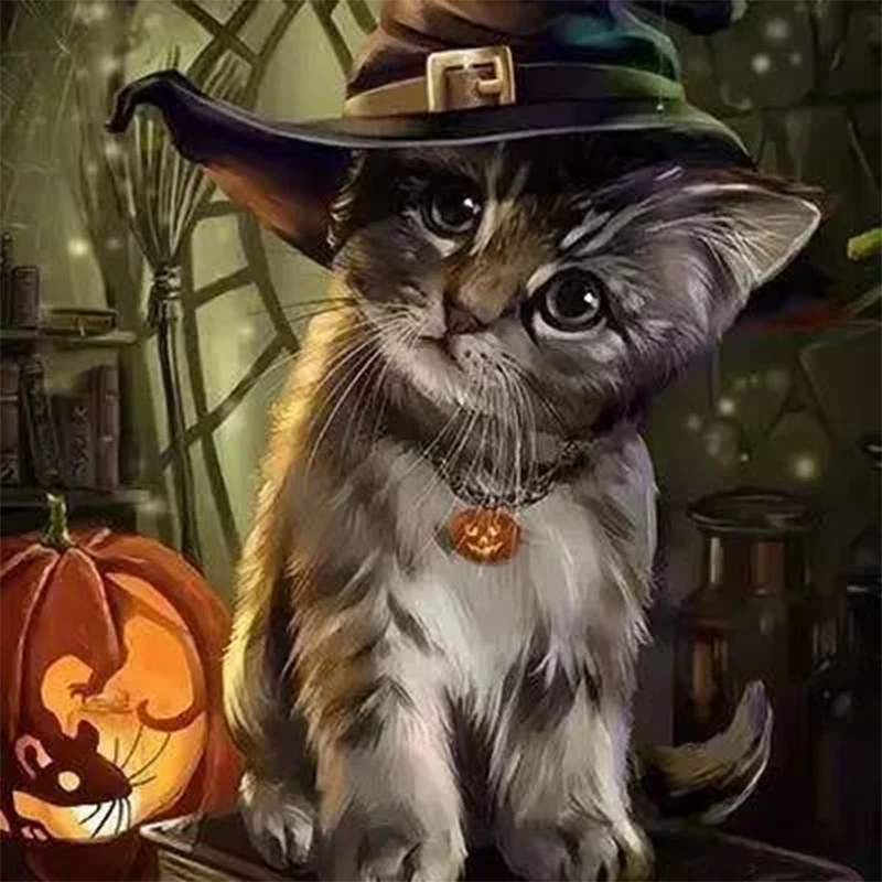 Алмазная вышивка 5D алмазная живопись рисунок кошки с ведьмой шляпкой сделай сам
