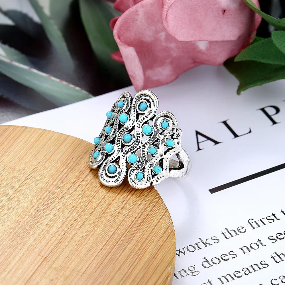 

Fashion Ancient Silver Color Inlaid Resin Vintage Rings For Women Exquisite Alloy Retro Ring Upscale Jewelry Wholesale Girl Gift