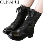 OUKAHUI2020 Зимние теплые плюшевые Высокие Ботинки martin; женские весенние рыцарские сапоги из натуральной кожи в британском стиле; женские ботинки средней высоты на шнуровке