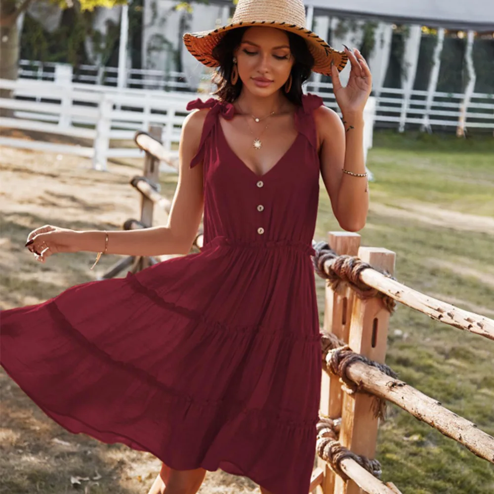 

Summer 2021 Button Solid Slip Dress Vintage Lace Up Empire Ladies Frocks for Women Casual Knee-length Backless Dresses Vestidos