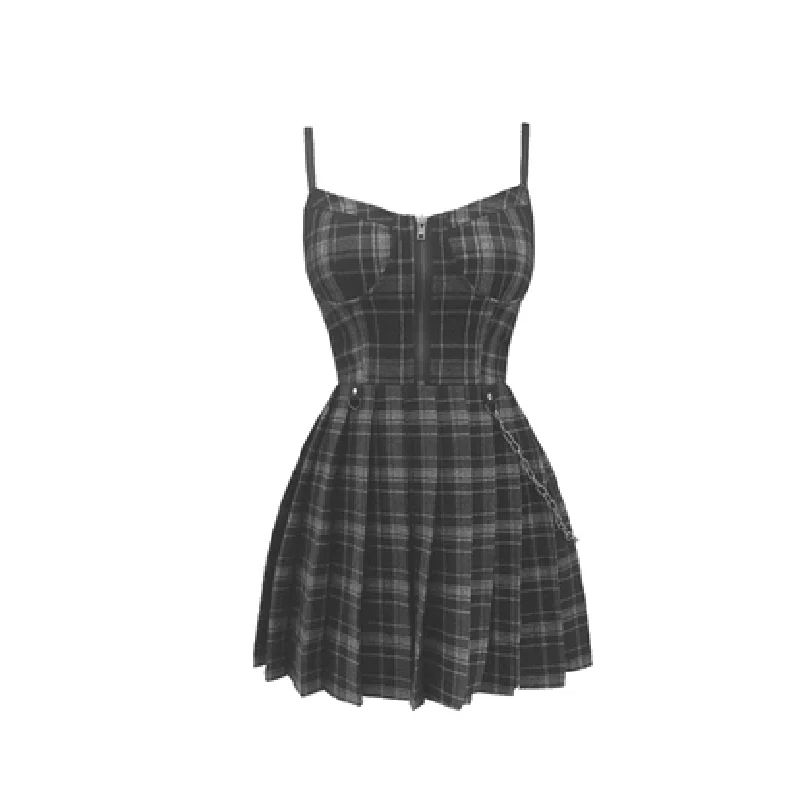 

Summer Preppy style Gothic Girls Sexy Sling Dress Red Balck Pleated Plaid Women Sleeveless Mini Short Dresses Punk Streetwear