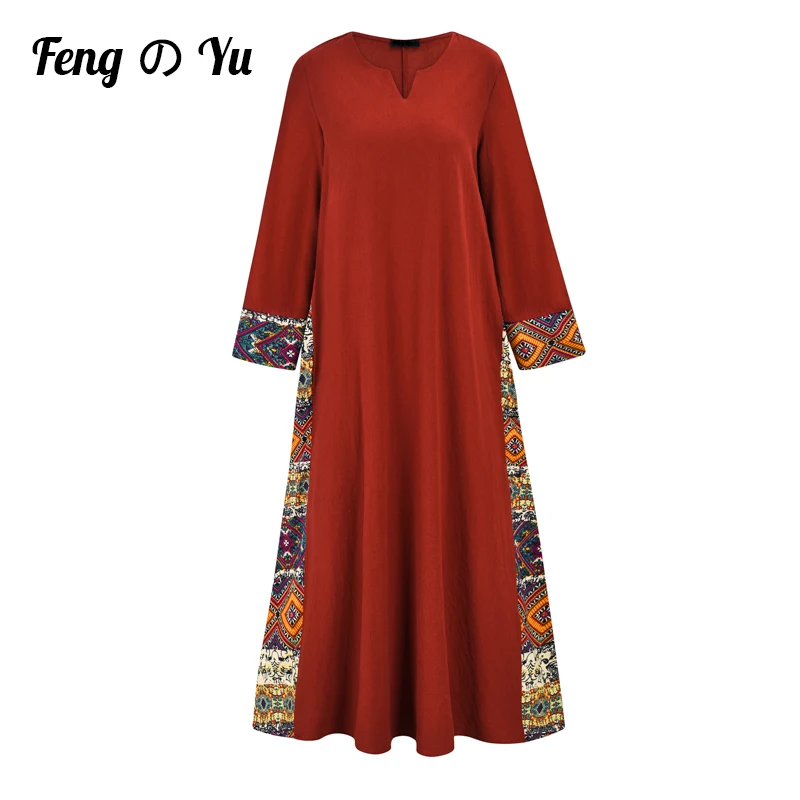 Etniczna damska czerwona suknia muzułmańska dekolt w szpic zszywana sukienka arabska indie drukuj damska z długimi rękawami Casual odzież domowa