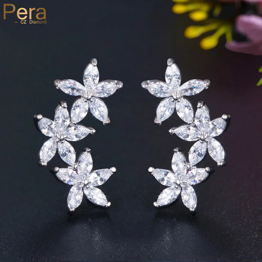 

Pera Romantic Silver Color Jewelry Five Petals Flower Shape Cubic Zirconia Stone Women Earrings for Valentine's Day Gift E125