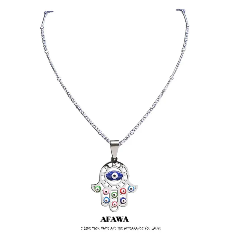 

Stainless Steel Islam Colorful Turkey Eyes Hamsa Hand Necklaces Chain Silver Color Necklaces Muslim Jewelry ojo turco N5219S05