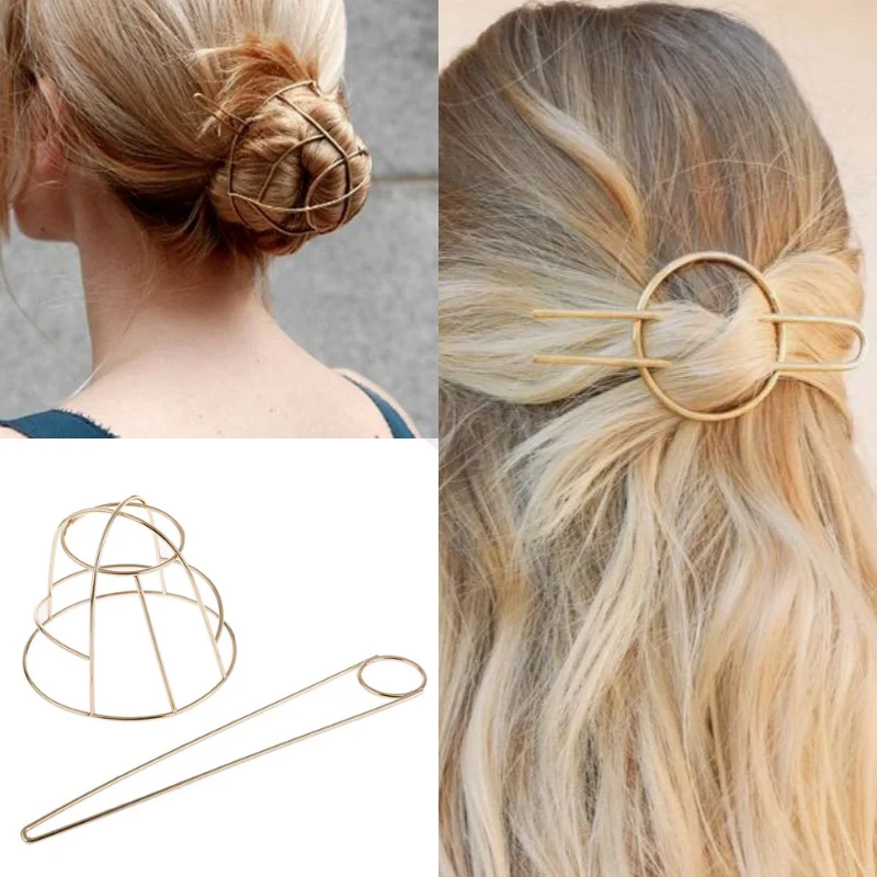 

SHUANGR Geometric Hair Stick For Women Hollow Hair Clip Korea Gold Silver Color Hairstyle Hairpin Girl Ponytail Hair Accessories