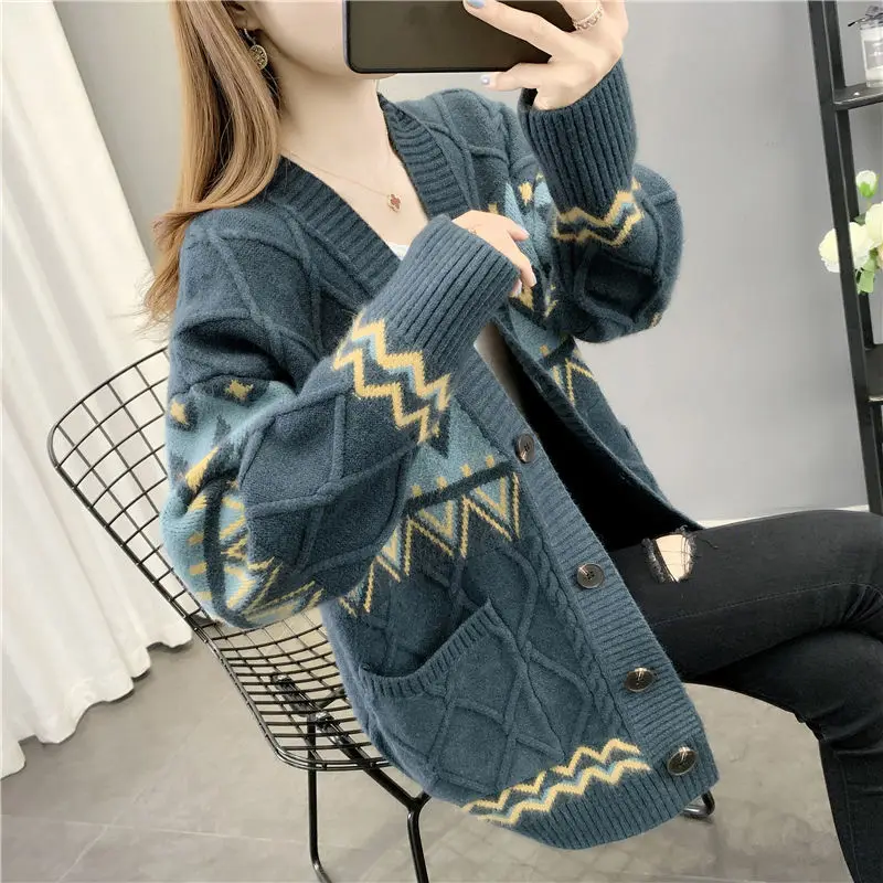 

Ladies sweater coat 2021 new Korean version of loose lazy wind knitted cardigan spring and autumn Joker outer coat