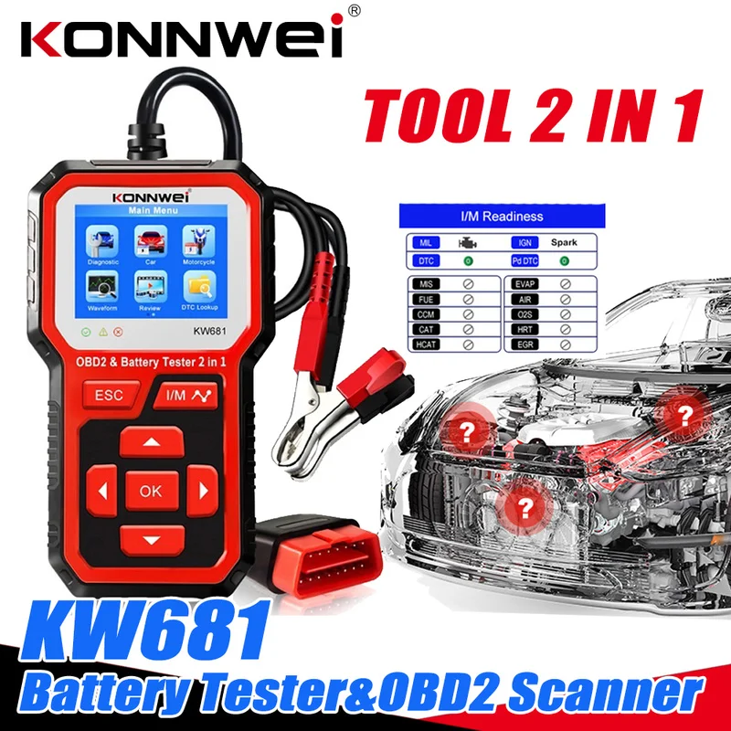 

Автомобильный тестер аккумулятора KONNWEI KW681 6 в 12 В, цифровой сканер OBD2, фотофункциональный инструмент CCA для автомобильного мотоцикла