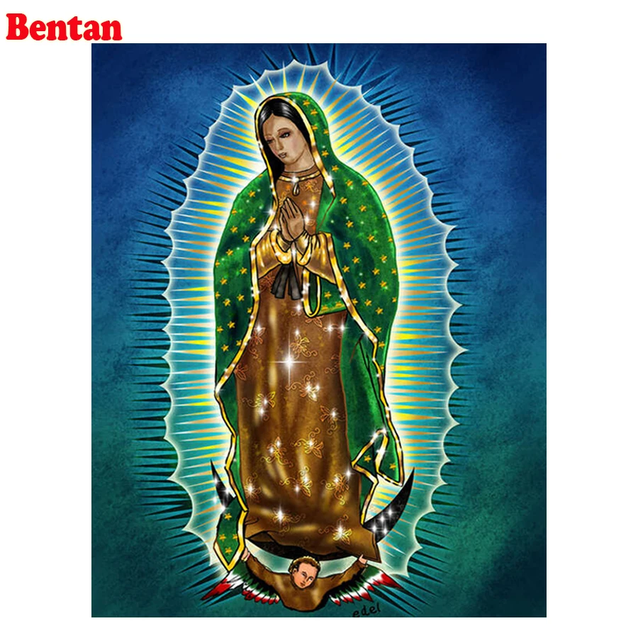 

Full Square Drill Mexico Guadalupe Virgin Mary Embroidery Green Light DIY Diamond Painting Cross Stitch Lady Religion decor