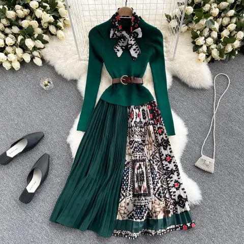 Женское трикотажное платье-миди с поясом, плиссированное эластичное платье с длинным рукавом, в стиле пэчворк, Осень-зима 2022