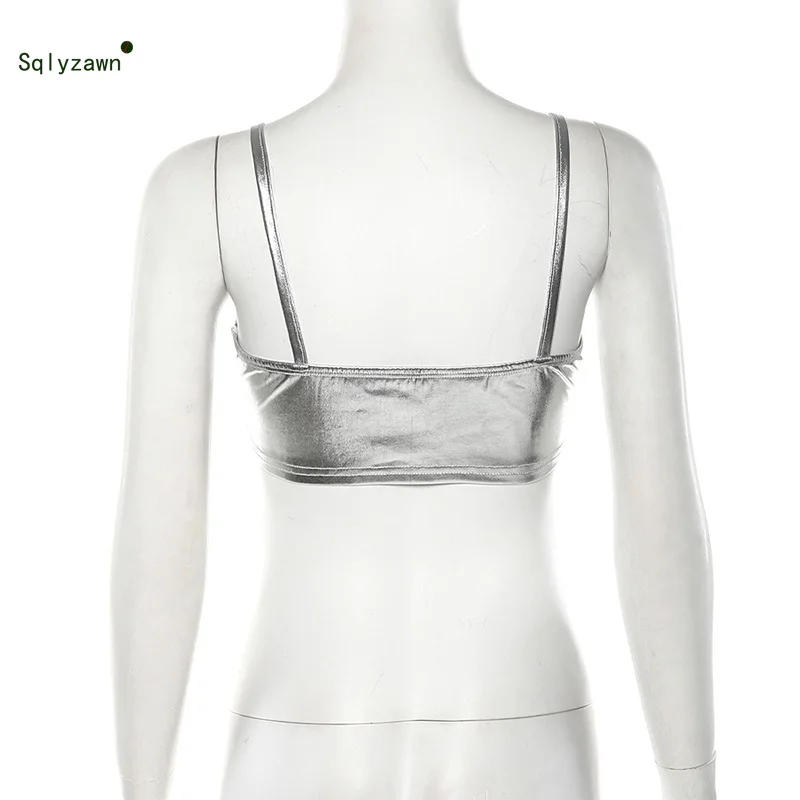 Женская Блестящая Серебристая голографическая майка из искусственной кожи Топ