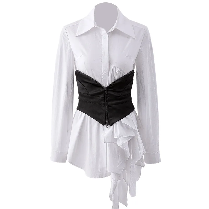 

DEAT 2021 New Spring Autumn Fashion Temperament Asymmetric Stitching Wave Edge Shirt Black Waist Waist Cover Suit Women SG596