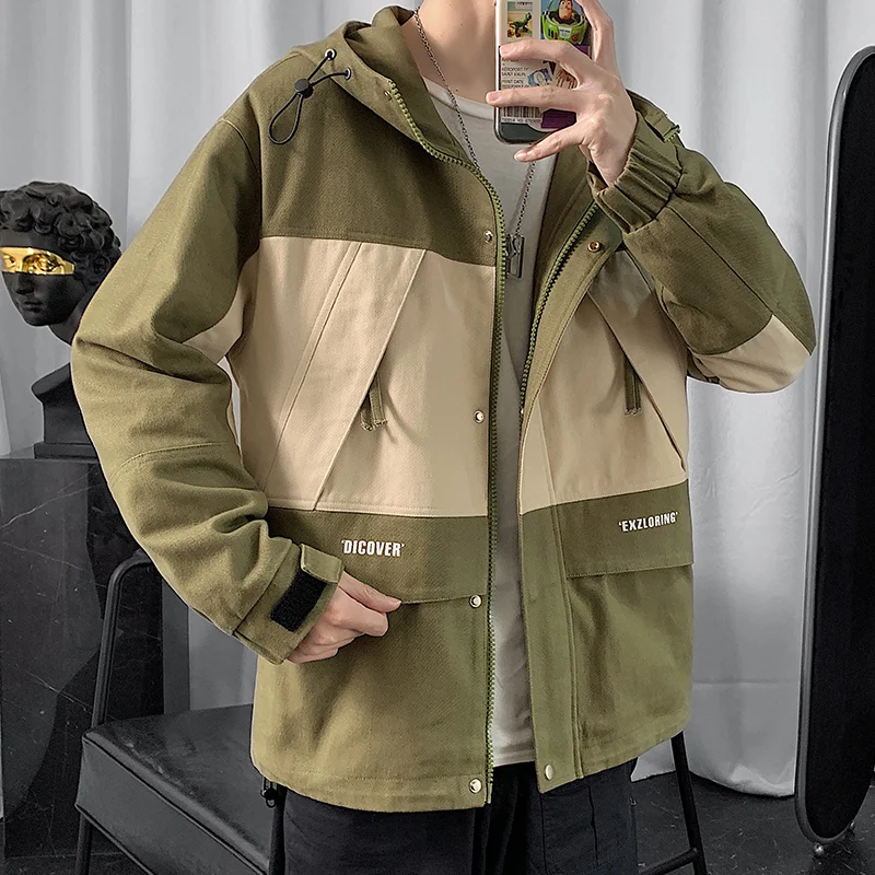 

Jacket men's coat spring new Korean fashion men hooded loose splicing collision color jacket clothes men's black and white
