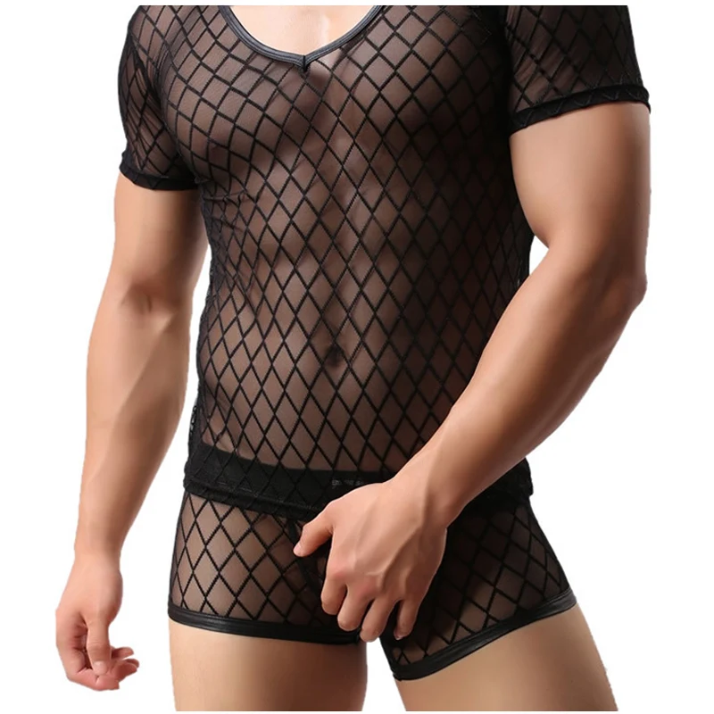

Plaid Tight-fitting Hollow Underwear Black Uniform Temptation Sexy Perspective Pajamas T-shirt Men Net Yarn Erotic Lingerie