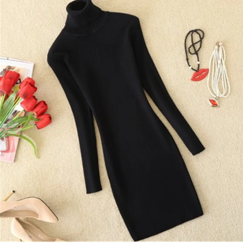

Sweater Dress Female 2020 Autumn Winter Mid-length Hedging Korean Thick Shirt Package Hip Black Slim Turtleneck Sweater Women