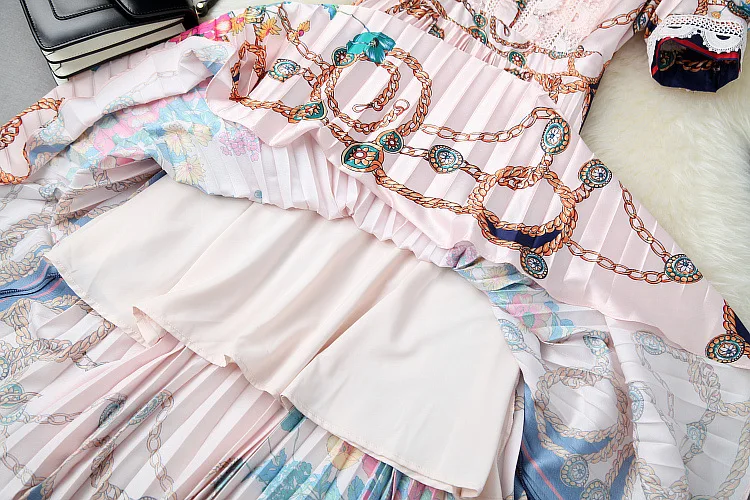 

Bowknot Stitching Lace Dress High Waist Slim-Fit Pleated Vintage Printed Dress Short Sleeve Elegant High Street Midi Dress Women